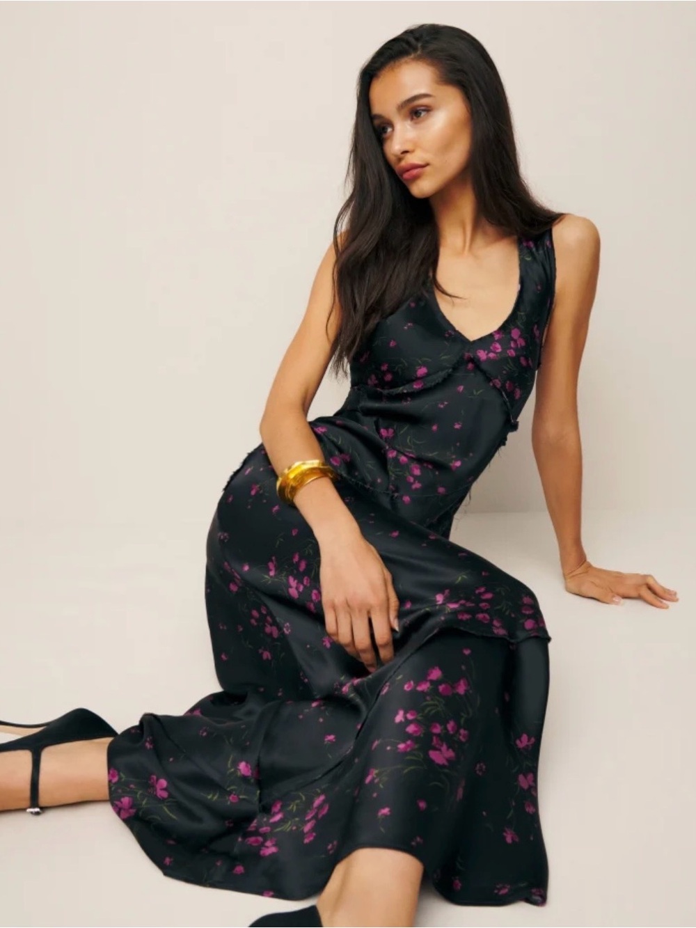 Reformation x Camille Rowe Black Slip Dress with Pink Floral Pattern